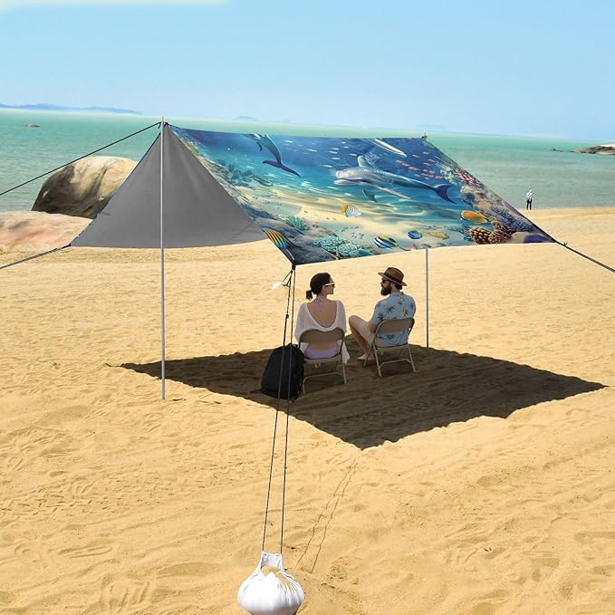 ALAZA Underwater World Dolpins Sand Ocean Beach Tent Sun Shelter Portable Canopy Sunshade for Outdoor Camping Picnics Backyard Fun 10x9 ft