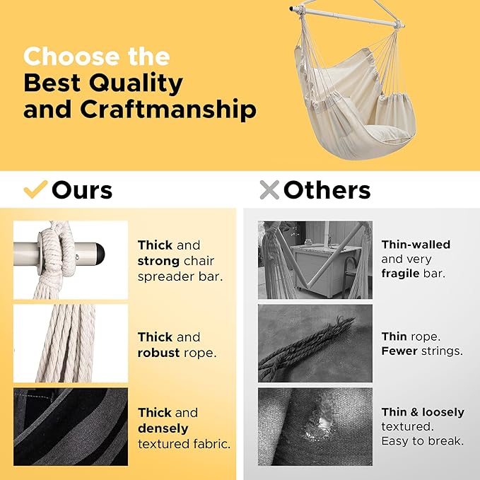 ADVOKAIR Hammock Chair Swing Heavy-Duty Hanging Rope Swing Seat Supports 500 Lbs Ideal for Outdoor Patio Backyard Porch Deck &amp Indoor Bedroom Use