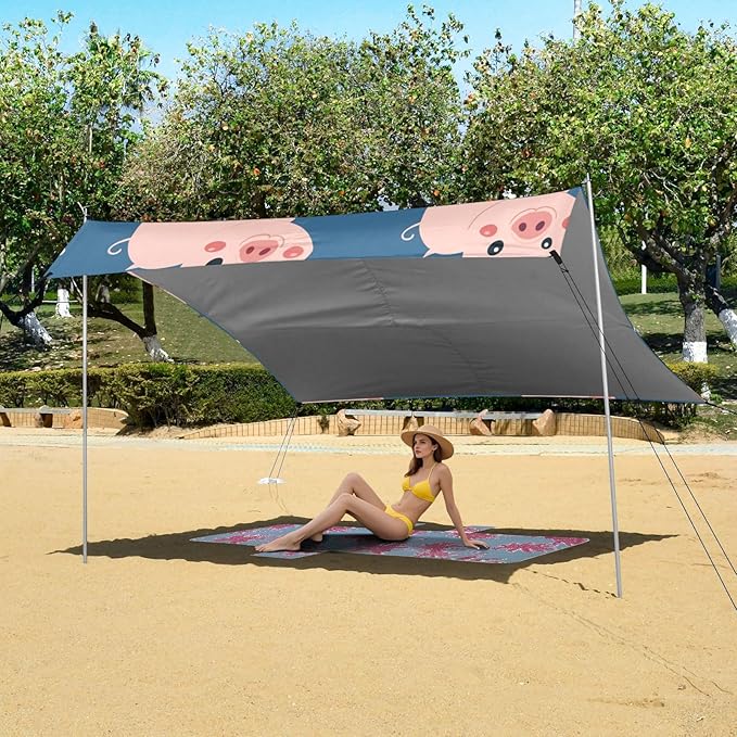 ALAZA Blue Background with Cute Pigs Seamless Beach Tent Sun Shelter Portable Canopy Sunshade for Outdoor Camping Picnics Backyard Fun 10x9 ft
