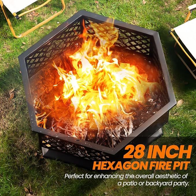 Panovue 28 Inch Hex-Shaped Fire PitWood Burning Fire Pits for Outside with Spark Screen&ampPokerMetal Hexagon Outdoor Firepit for BackyardBonfirePatioPartyGardenPicnic and Camping(28'' Black)