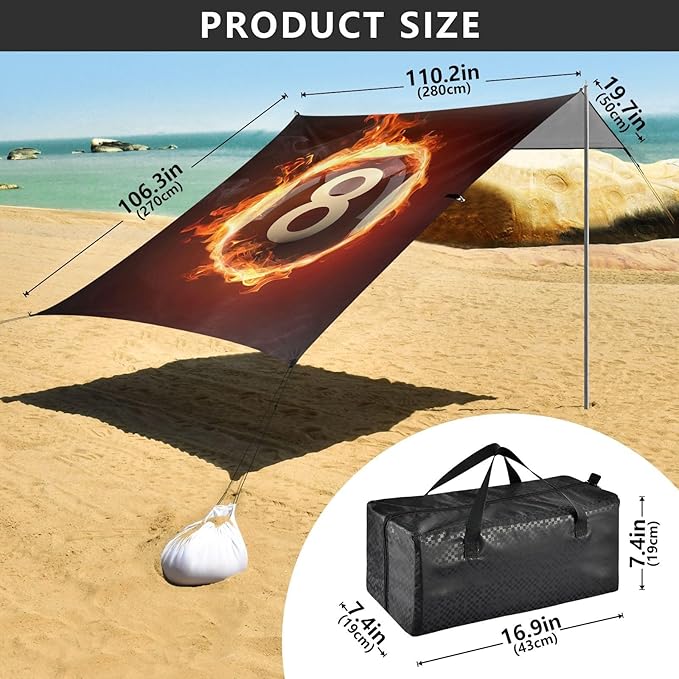 ALAZA Number Eight Billiard Ball on Fire Black Beach Tent Sun Shelter Portable Canopy Sunshade for Outdoor Camping Picnics Backyard Fun 10x9 ft