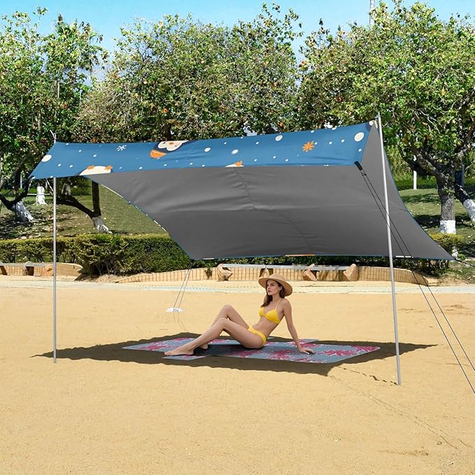 Seamless Pattern Penguins Cobalt Beach Tent UPF50+ Easy Setup Shade Sun Shelter with Sand Shovel for Camping Picnics Backyard