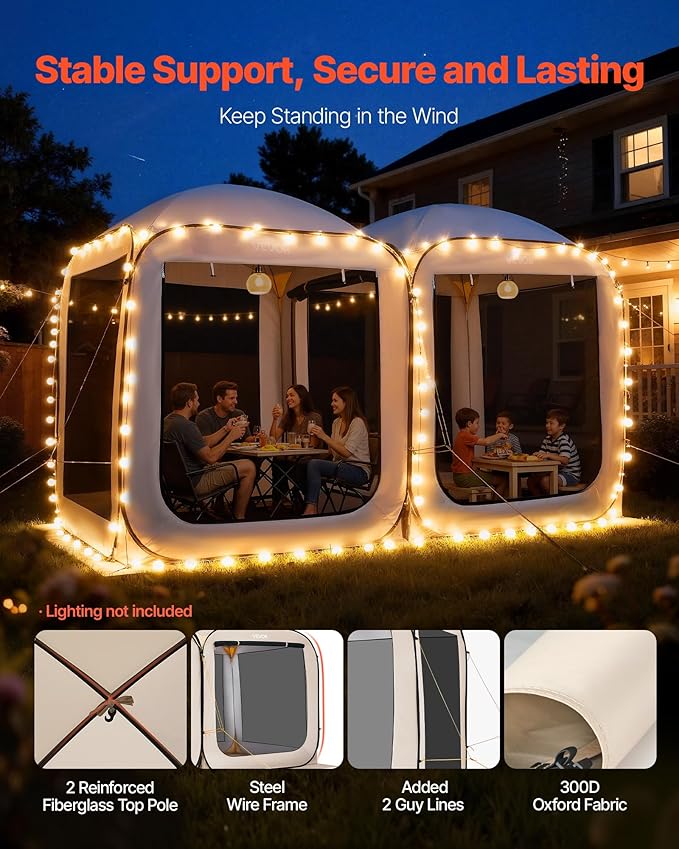 VEVOR Pop up Screen House Tent 12 x 6 ft 2 in 1 Screen Gazebo Portable Screened in Canopy with Carry Bag Netting Sides Ground Stakes for Garden Patio Backyard and Outdoor Activities Beige