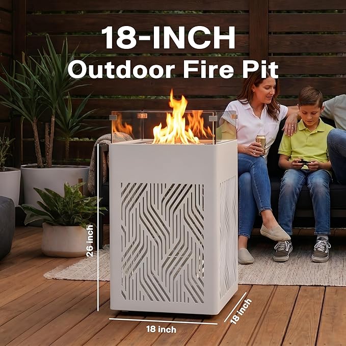 18 Aluminum Propane Fire Pit Table with 45000 BTU Square Outdoor Gas Fire Table with Glass Wind Guard Glass Stones &amp Waterproof Cover Patio Fire Table for Balcony Backyard Porch White