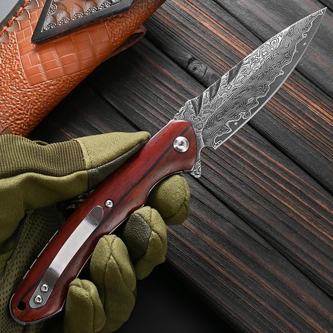 Sitivien ST242 Damascus Steel Folding KnifeFlipper Liner Lock Knife with Damascus VG10 Core BladeDalbergia Handle for Everyday Carry Hunting and Outdoor