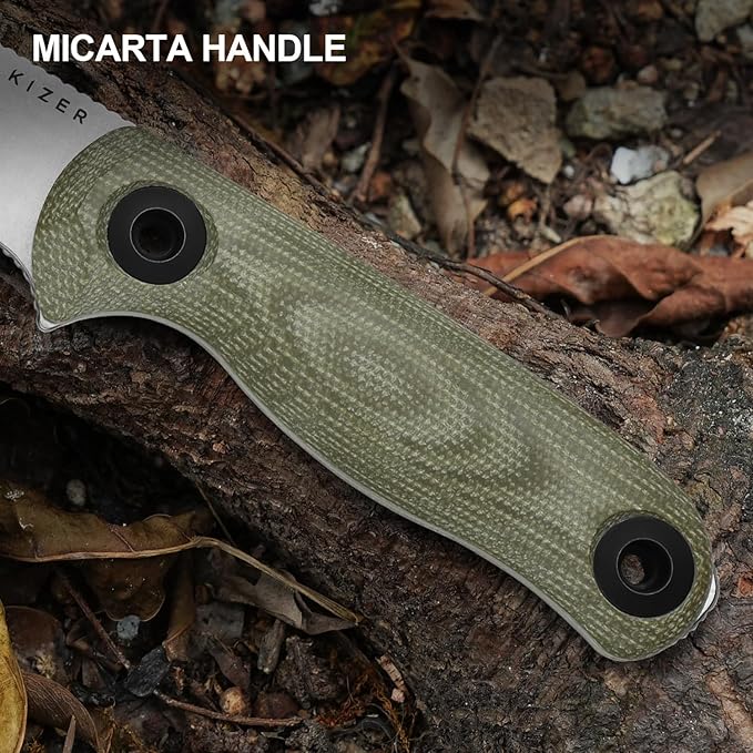 Kizer Drop Bear Fix 3 Fixed Blade Knife 3.8 14C28N Blade EDC Camping Knife with Green Micarta Handle Small Hunting Knives with Sheath Outdoor Survival Knives with Pocket Clip and Lanyard 1101A2
