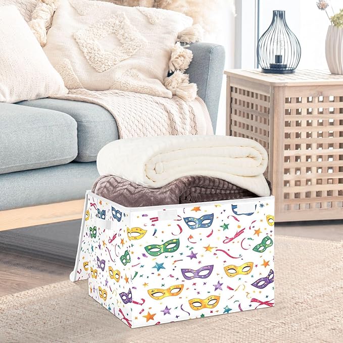Doodle Mardi Gras Mask Pattern Foldable Storage Baskets Fabric Boxes with Handle Organizers with Flip-Top Lids Storage Bins for Home Bedroom Office
