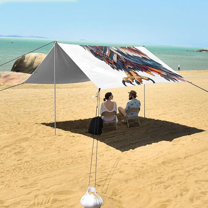 ALAZA Eagles America Color Feathers Beach Tent Sun Shelter Portable Canopy Sunshade for Outdoor Camping Picnics Backyard Fun 10x9 ft