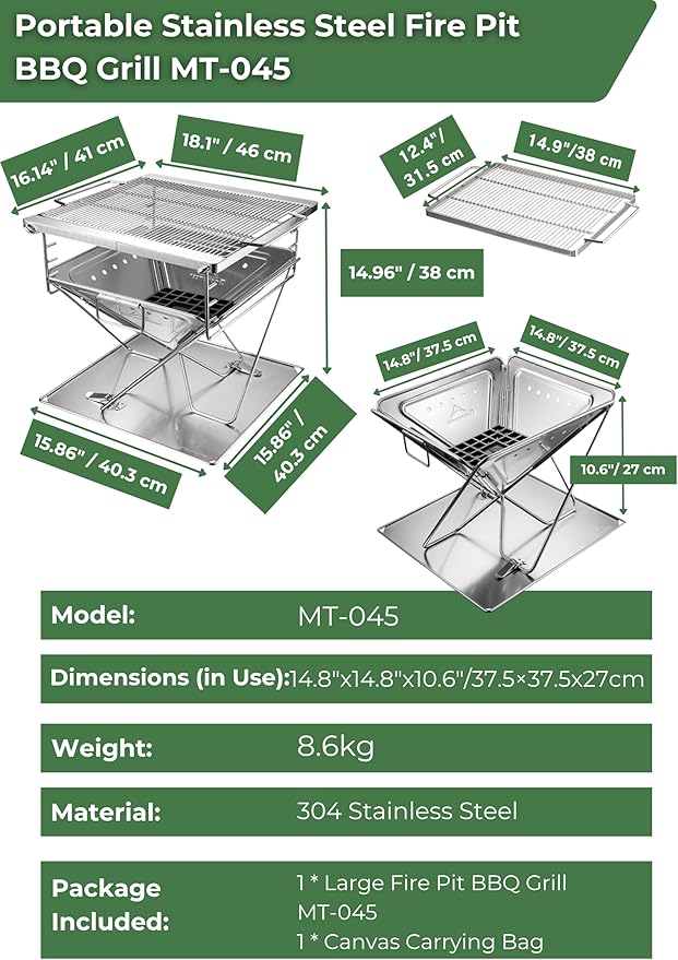 CAMPINGMOON 3 in 1 Flatpack Portable Fire Pit Grill 14 inch Foldable Stainless Steel Wood Burning Camping Stove Adjustable Height Overlanding Outdoor Cooking RV Trips Carry Bag included MT-045