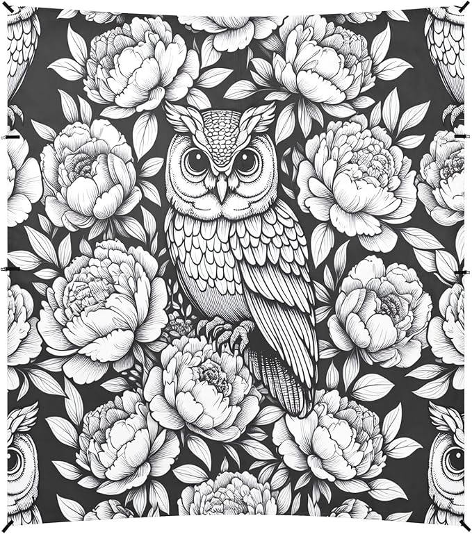 Owl with Peony Flowers Beach Tent Sun Shelter Set UPF50+ UV Protection 10.5 x 9.19 FT Camping Shade Canopy with Sandbags Sand Anchors Carrying Bag and Others