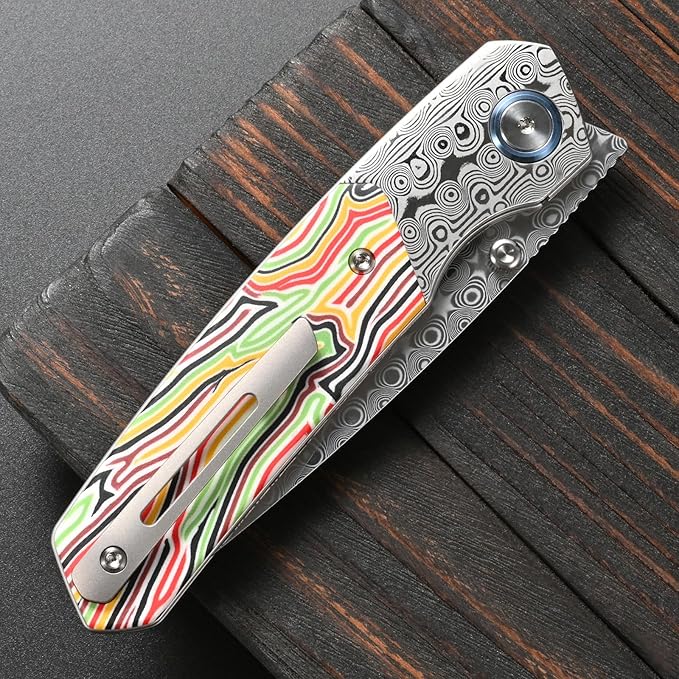 Sitivien ST271 Damascus Steel Blade Folding Knife Damascus &amp Colorful G10 Handle with Ball Bearing for Men Women Outdoor Camping Hiking Fishing(Color)