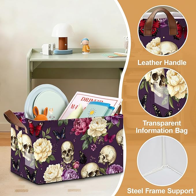 Purple Flower Skeleton Storage Bins with Handles Collapsible Storage for Clothes Gift Basket Blankets &amp Closet Organization