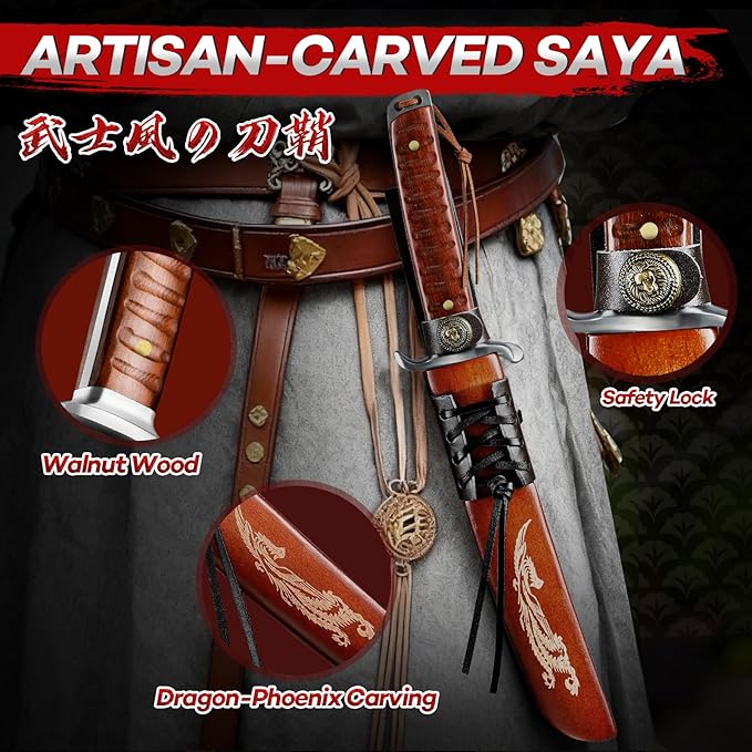 Purple Dragon Japanese Fixed Blade Knife with Engraved Sheath for Belt Tanto Knife D2 Steel Samurai Knives with Wooden Handle for Camping Outdoor Mini Katana Gifts for Men