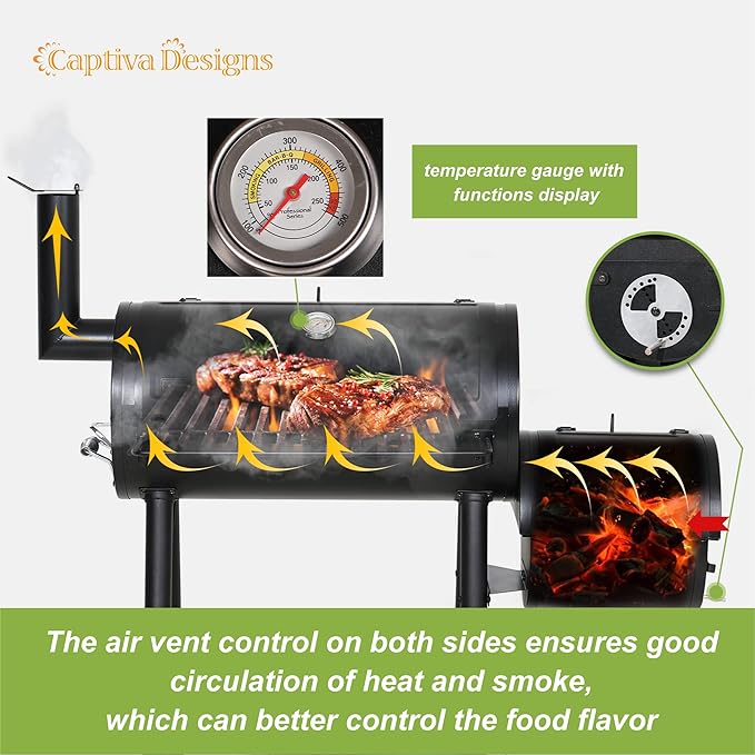 Captiva Designs Charcoal Grill with Offset Smoker All Metal Steel Made Outdoor Smoker 512 sq.in Cooking Area Best Combo for Outdoor Garden Patio and Backyard Cooking