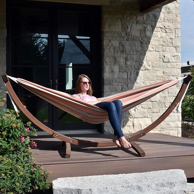 Vivere Double Cotton Hammock with Solid Pine Arc Stand - 450 lb Capacity Durable FSC Wood Frame Includes Hardware &amp User Guide - 450 lb Weight Capacity (Cameo)