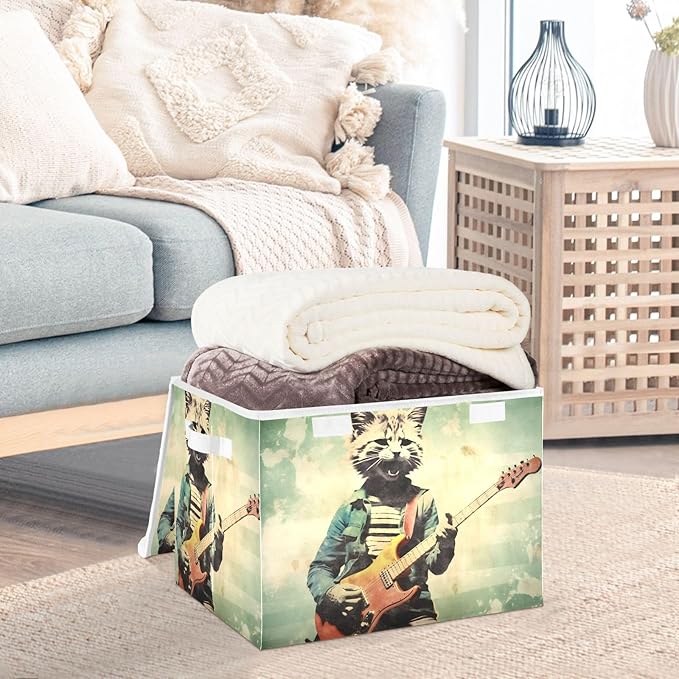 Storage Cube with Lid Cat Playing Guitar Print 16.5×12.6×11.8 IN 1 Pack Collapsible Large Capacity Foldable Storage Basket Bin Organizer