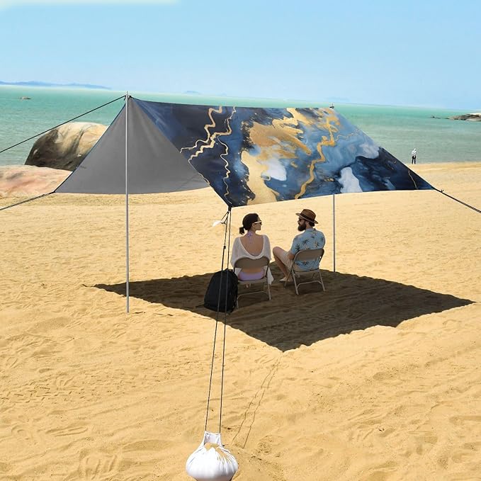 ALAZA Blue &amp White Marble Gold Texture Beach Tent Sun Shelter UPF50+ Protection Beach Shade Canopy w/ 4 Sandbags for Outdoor Camping Fishing Backyard Fun Picnic 10x9 ft