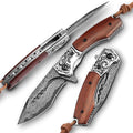 hand made damascus steel pocket knife 3.1 inch outdoor folding knife camping rosewood handle with leather case and inner lining