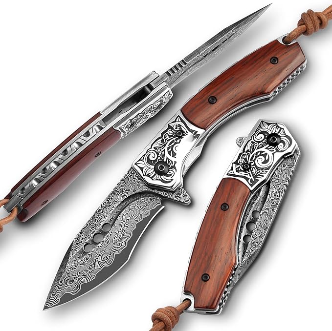 hand made damascus steel pocket knife 3.1 inch outdoor folding knife camping rosewood handle with leather case and inner lining