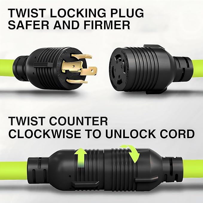 Nilight 50FT 30Amp Generator Extension Cord 125V Heavy Duty 10/3 Gauge Pure Copper STW Wire UL ETL Listed 4 Prong L14-30P L14-30R Weatherproof Suit for Camper Outdoor Use Bright Green