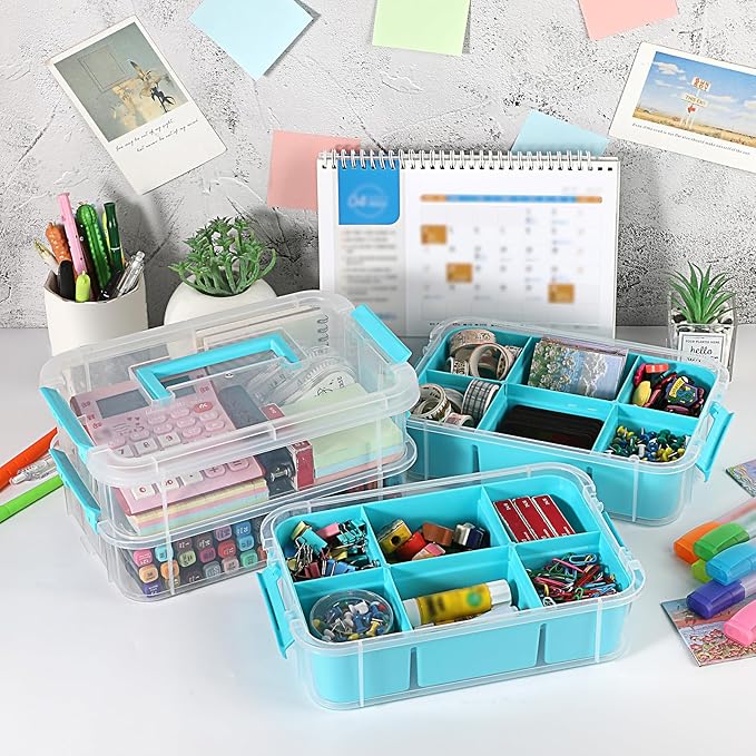 JUXYES 4-Tiers Stack Carry Storage Box With 2 Divided Tray Transparent Stackable Storage Bin With Handle Lid Latching Storage Container for School &amp Office Supplies Blue