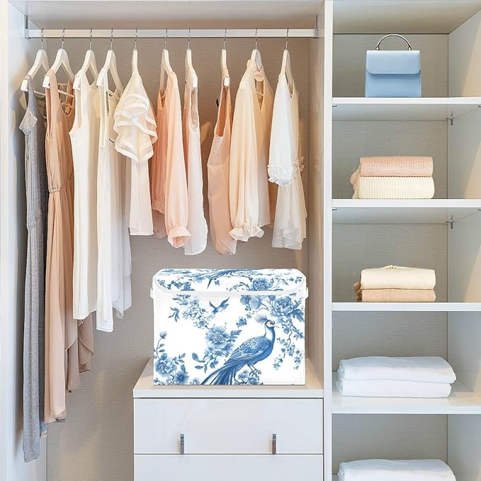 Collapsible Storage Bins with Lids Decorative Fabric Storage Cubes Closet Organizer and Storage Basket Boxes Containers for Clothes Box Chest Nursery Folding Rectangle Chinoiserie Peacock