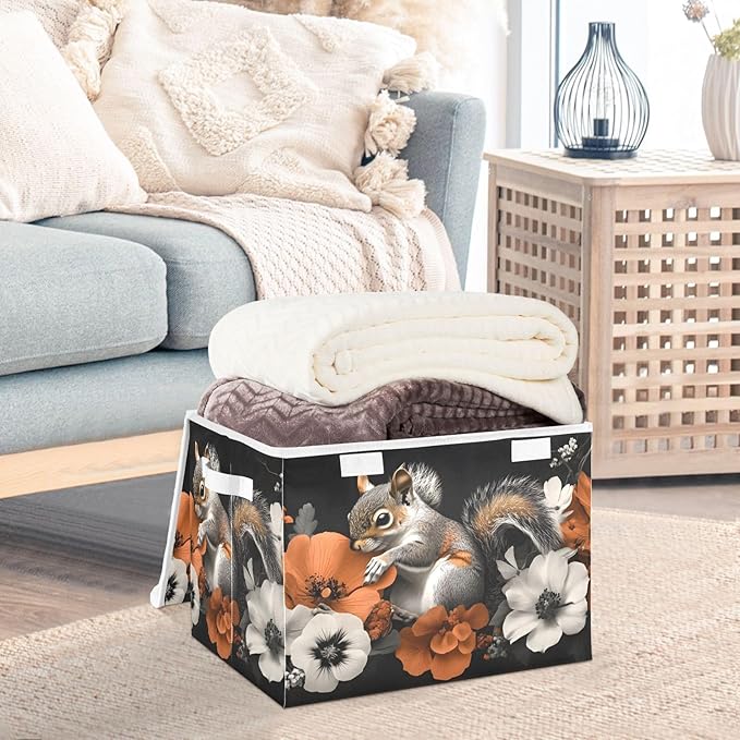 AIXIWAWA Lidded Storage Cube (Flower Cute Animal) Fabric Foldable Closet Bins with Flip Lid and Handles Organizer Basket Container 16.5 x 12.6 x 11.8 IN