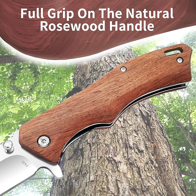 Vickay Pocket Knife for Men 3.4 8Cr13MoV Steel Blade Wood Handle EDC Folding Knife with Liner Lock for Outdoor Camping Tactical Hunting Hiking Survival - Father’s Day Gift