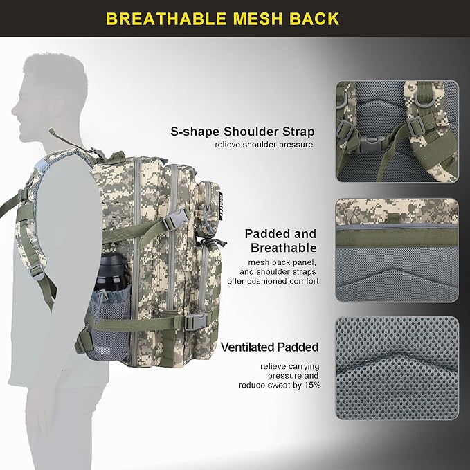 Zavothy 45L Military Tactical Backpack Army 3-Day Assault Pack Bug Out Bag for Hiking Camping | Army Bag Large Rucksack with Molle System