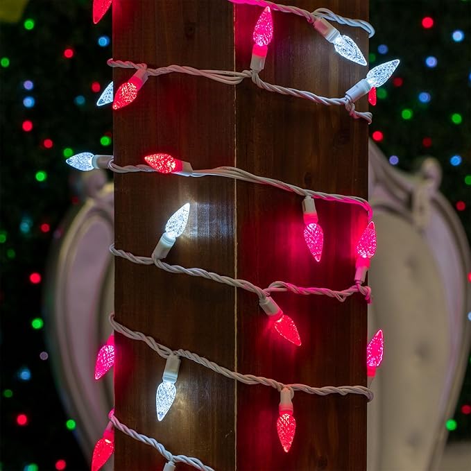 70 Light 24Ft Valentine's Day Lights Commercial String Lights C6 LED Strawberry Faceted Bulb – Red/Pink/Pure Whtie White Wire Indoor/Outdoor Full Wave No Flicker Connect 43 Sets