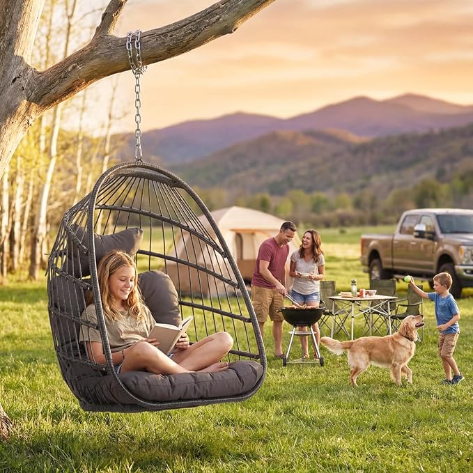 Nicesoul Patio Hanging Egg Chair No Stand Foldable Ceiling Egg Basket Chairs Without Stand Indoor Outdoor 350lbs Egg Shell Swing Hammock Chair with Cushion for Backyard Balcony Outside Dark Grey