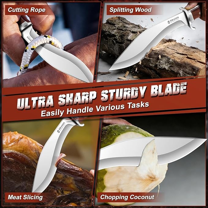 Dragon Creek Fixed Blade Knife - Kukri Knife with Wooden Handle Leather Sheath for Fishing Camping Survival Men Gift