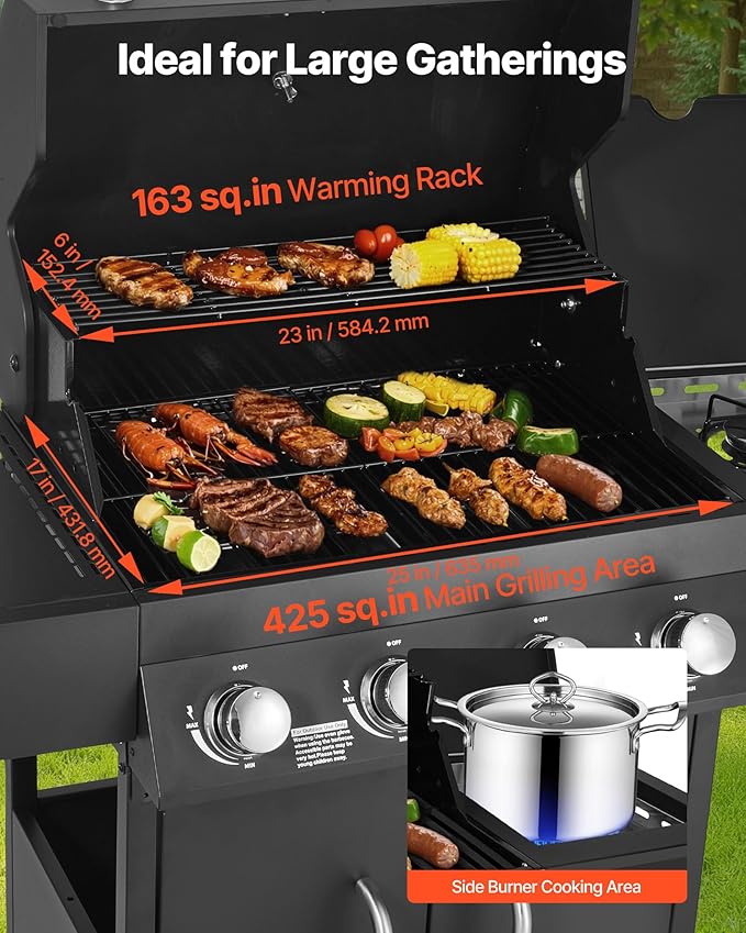 VEVOR Gas Grill 4 Burner Propane Gas Grill with Side Burner 425 SQ.In Grilling Area Carbon Steel Enamel Grates Outdoor 52000 BTU Patio Garden BBQ Grills with Two Side Shelves Carbon Steel
