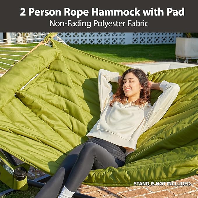CHULIM Outdoor Double Hammock with Hardwood Spreader Bars Large Rope Hammock with Polyester Pad and Pillow 475 LBS Capacity for 2 Person Patio Backyard Poolside - Green