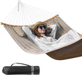 Double Hammock 11 FT Quilted Fabric 2 Person Hammock for Outside with Pillow Folding Curved Spreader Bar Chains Carrying Bag Indoor Outdoor 450 IB Capacity BlanchedAlmond