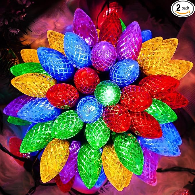 2-Pack 66FT 100LED Extendable C9 Christmas Lights Outdoor/Indoor Waterproof Christmas String Lights Plug in Green Wire Fairy Lights for Xmas Tree Garden Patio Wedding Party Decoration (Multicolor)