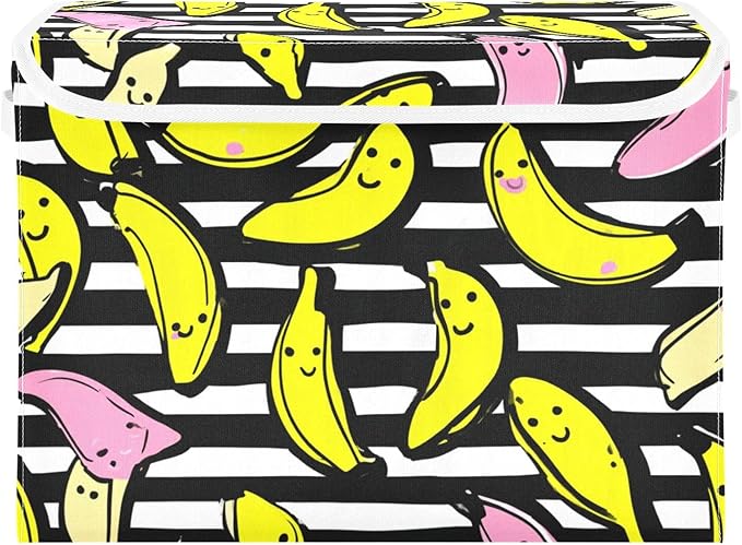 Stripes Pink Yellow Bananas Storage Box with Lid 1 PC Foldable Storage Bin with Lids Stackable Storage Bins Cube Closet Organizer Basket with Flip-Top Lid &amp Handles for Shoes Books Towels