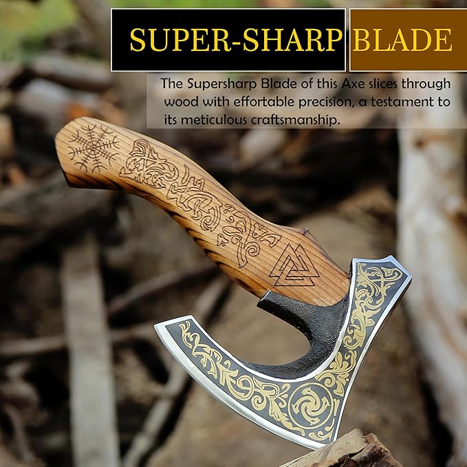 SHINY CRAFTS-Viking axe bearded axe tomahawk birthday gifts-Viking Axe with Carbon Steel Head and Ash Wood Handle is black polished Viking Gifts for Men with Premium Quality Leather Sheath (SCA-0025)