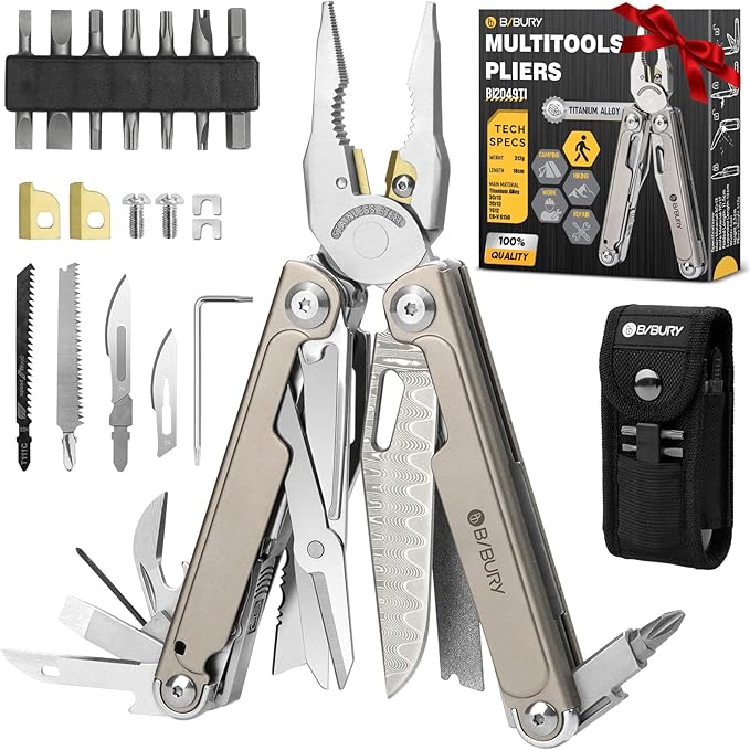 BIBURY Titanium Alloy Multitool with Damascus Knife EDC Multi tools with Replaceable Wire Cutters Scissors Screwdriver Bits Titanium Handle Multi-Tool for Camping Survival Repair - BI2049TI
