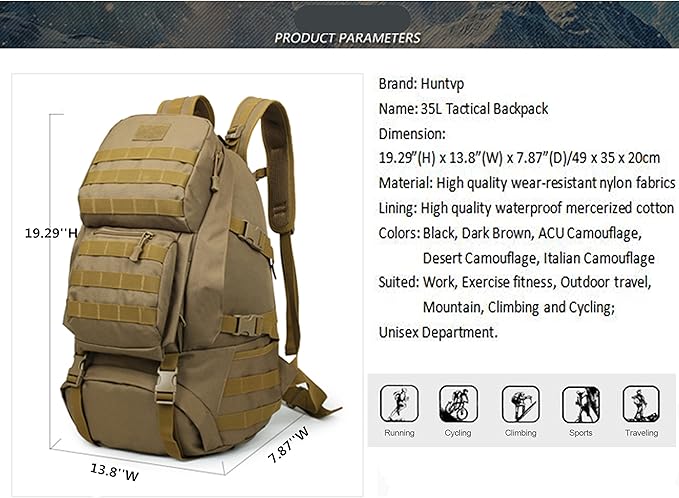 Huntvp Military Tactical Backpack Rucksack Gear Assault Pack Student School Bag Black
