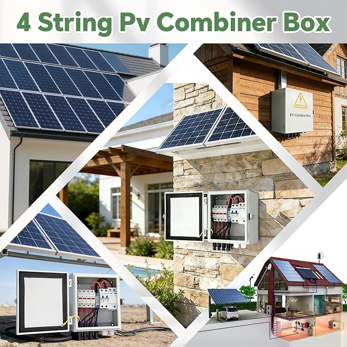 4 String Solar Combiner Box IP65 Waterproof PV Combiner Break for On/Off Grid Solar System with Lightning Arrester 15A Rated Current Fuse&amp 63A Circuit Breaker (Metal Box)