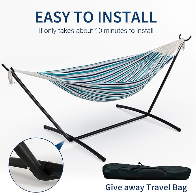 GAOMON Double Hammock with Steel Stand for Outside Portable Space Saving for Indoor Outdoor Patio w/Carrying Bag 450 lbs Capacity - Ocean Stripes