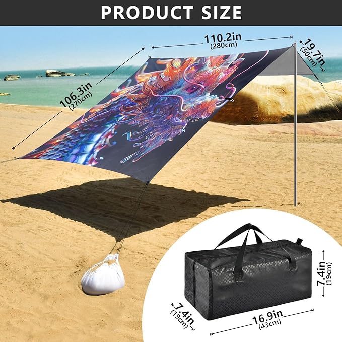 ALAZA Rainbow Chinese Dragon Beach Tent Sun Shelter UPF50+ Protection Beach Shade Canopy w/ 4 Sandbags for Outdoor Camping Fishing Backyard Fun Picnic 10x9 ft