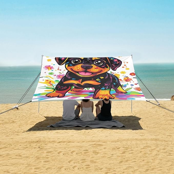 Cute Rottweiler1 Stable Beach Tent UPF50+ Protection Waterproof Shade Sun Shelter with Sturdy Poles Sandbags and Shovel for Family Trips Picnics &amp Camping