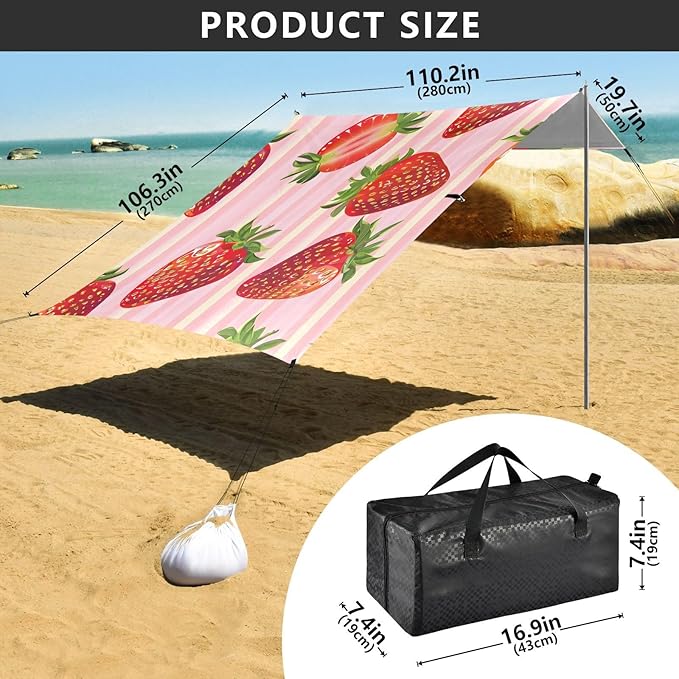 ALAZA Strawberry on Strip Beach Tent Sun Shelter Portable Canopy Sunshade for Outdoor Camping Picnics Backyard Fun 10x9 ft