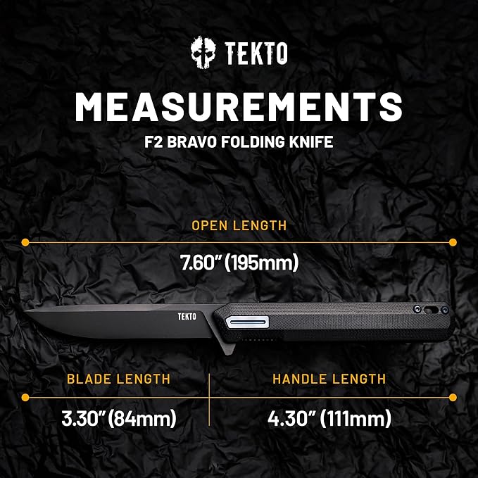 TEKTO F2 Bravo Folding Pocket Knife - D2 Steel Blade Ceramic Ball Bearings - EDC - Snap Swift Flip for Camping Backpacking - 2.4oz (68g) G10 Black Handle Blue Titanium Accents