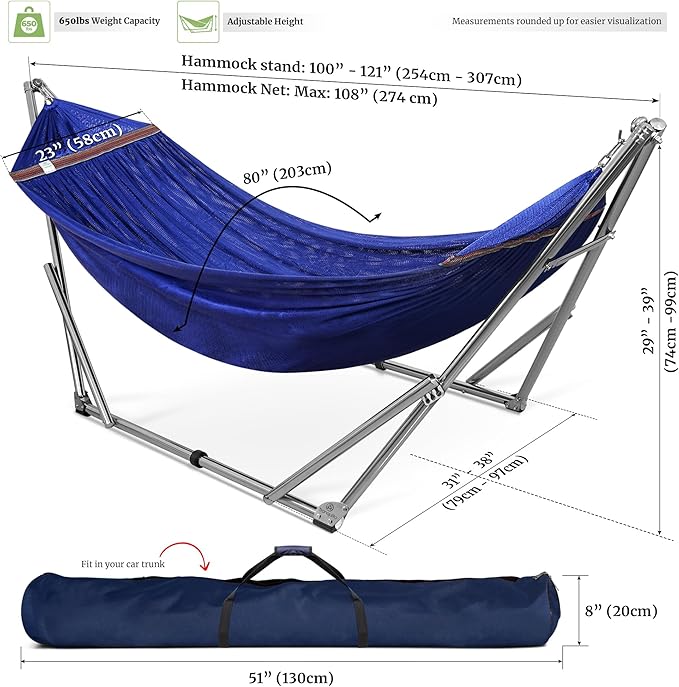 Tranquillo Double Hammock with Stand 650lb Capacity Double Hammock with Spreader Bar Solid Grade 201 Stainless Steel 30s Set Up Sturdy Flexible Hammock Stand Portable (Blue)