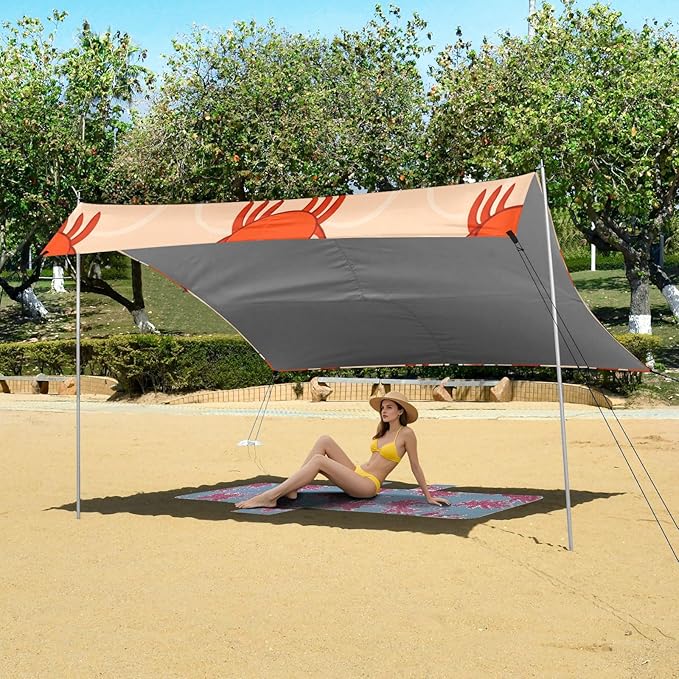 xigua Crab Beach Tent Sun Shelter with Carrying Bag - Silver Coated Oxford Fabric Beach Canopy for Beach Camping Fishing - Includes Windproof Ropes Sandbags &amp Stakes
