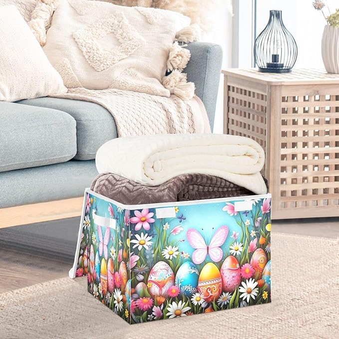 Christmas Storage Baskets with Lids Colorful Eggs and Butterfly Collapsible Bins Stackable Fabric Linen Baskets Closet Organizer Container 16.5x12.6x11.8