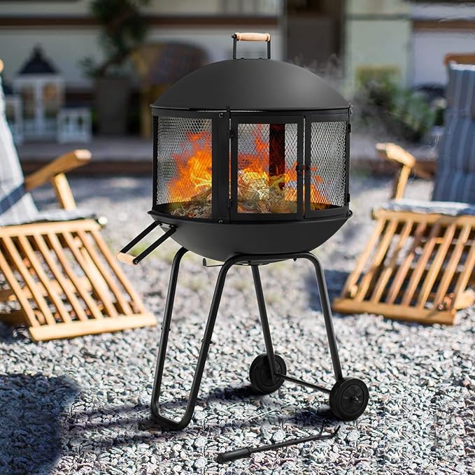 Giantex 28 Portable Fire Pit on Wheels Outdoor Mobile Wood Burning Firepit w/Log Grate Fire Poker Heavy-Duty Steel Frame &amp Solid Metal Top 2-Door Gate Rolling Fire Pits for Entertaining Camp